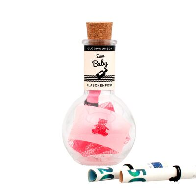 "Congratulations on the baby" message in a bottle pink