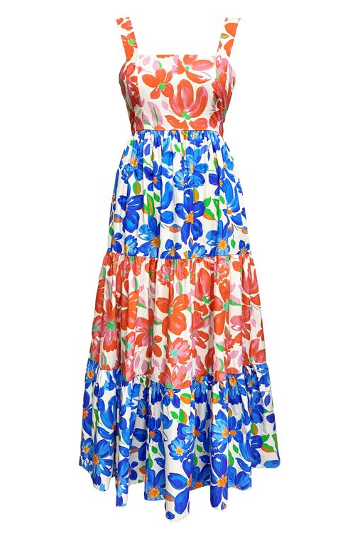 The Isla Organic Cotton Maxi Dress in Blue and Pink Floral
