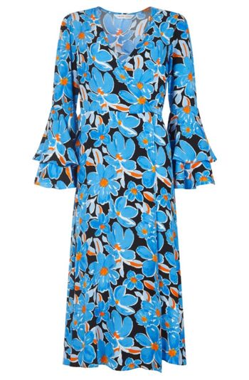 La robe portefeuille Dantea en bleu fleuri 1