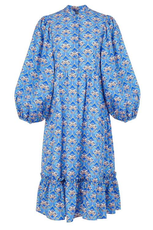 The Amelie Organic Cotton Midi Shirt Dress in Blue Lotus Floral