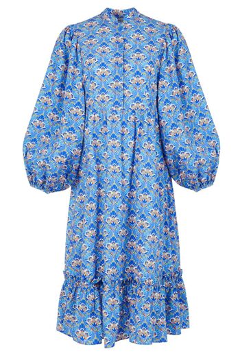 Robe chemise mi-longue The Amelie en coton biologique à fleurs de lotus bleues 1