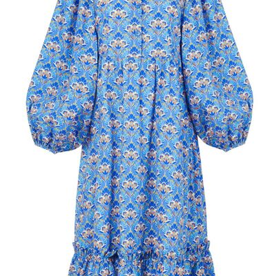 Robe chemise mi-longue The Amelie en coton biologique à fleurs de lotus bleues