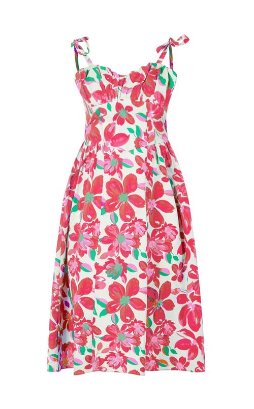 The Rosie Organic Cotton Corset Midi Dress in Pink Painted Floral