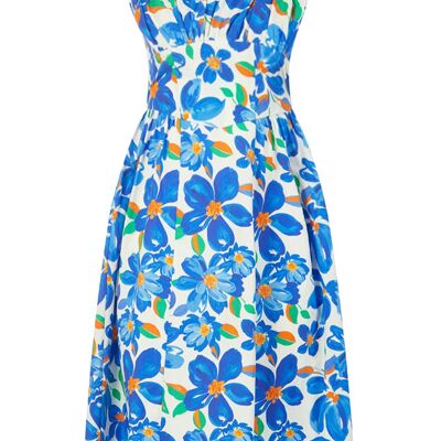The Rosie Organic Cotton Corset Midi Dress in Blue Painted Floral