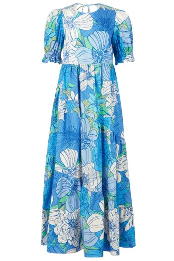 La robe longue en coton biologique Cecelia en bleu fleuri 1