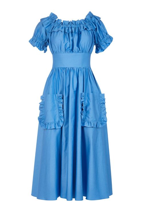 The Tamsin Bardot Ruffle Dress in Cornflower Blue