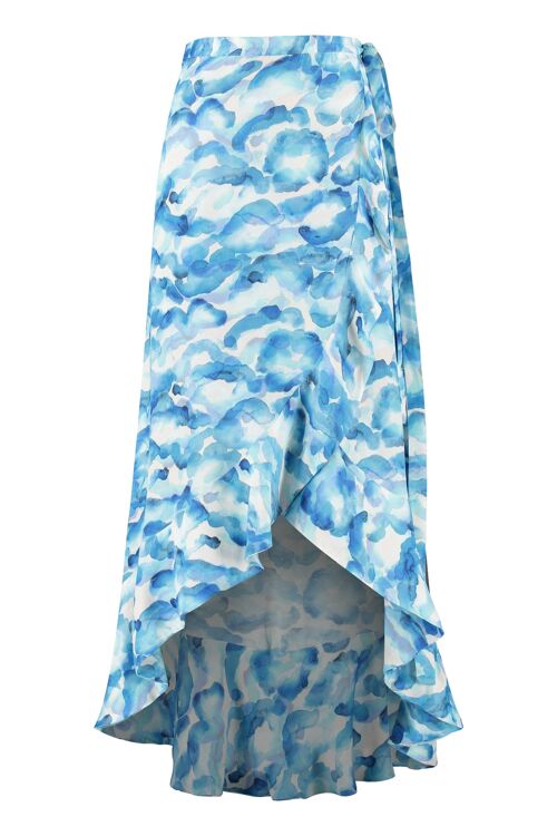 The Maya Midi Wrap Skirt in Blue Watercolour Cloud