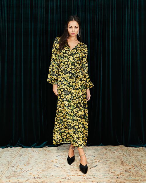 The Annalise Long Sleeve Satin Wrap Midi Dress in Yellow Poppy