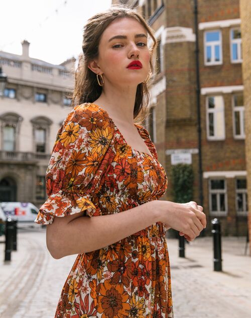 The Tilde Square Neck Midi Dress in Brown Floral