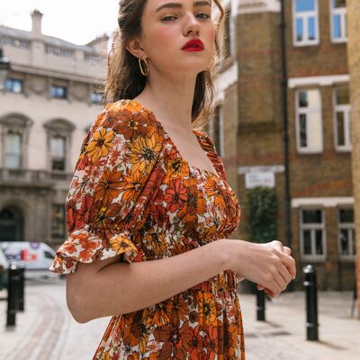 The Tilde Square Neck Midi Dress in Brown Floral