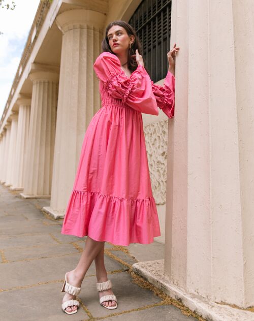 The Cara Square Neck Cotton Midi Dress in Watermelon Pink