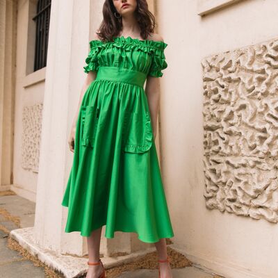 The Tamsin Bardot Ruffle Dress in Island Green