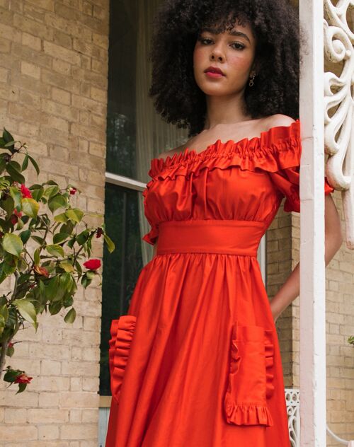 The Tamsin Bardot Ruffle Dress in Sunset Orange