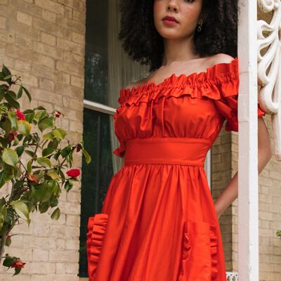 The Tamsin Bardot Ruffle Dress in Sunset Orange