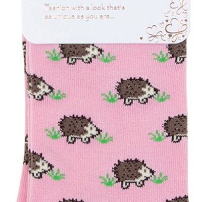 Ladies quality Bamboo Hedgehog design socks in Mustard or Pink - Pink