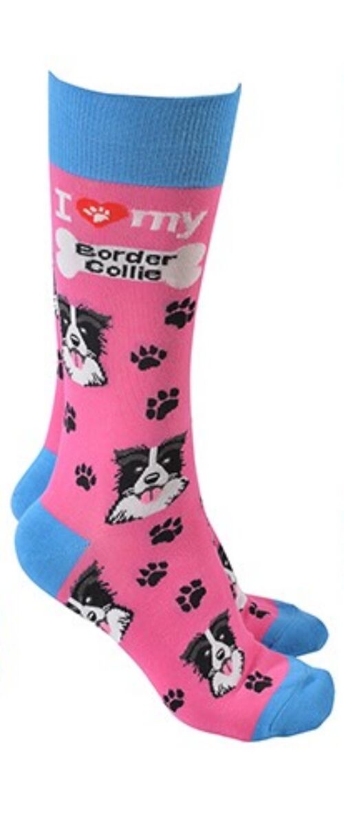 Sheepdog design socks with 'I love my Border Collie' text, quality Unisex One Size stocking filler - Pink