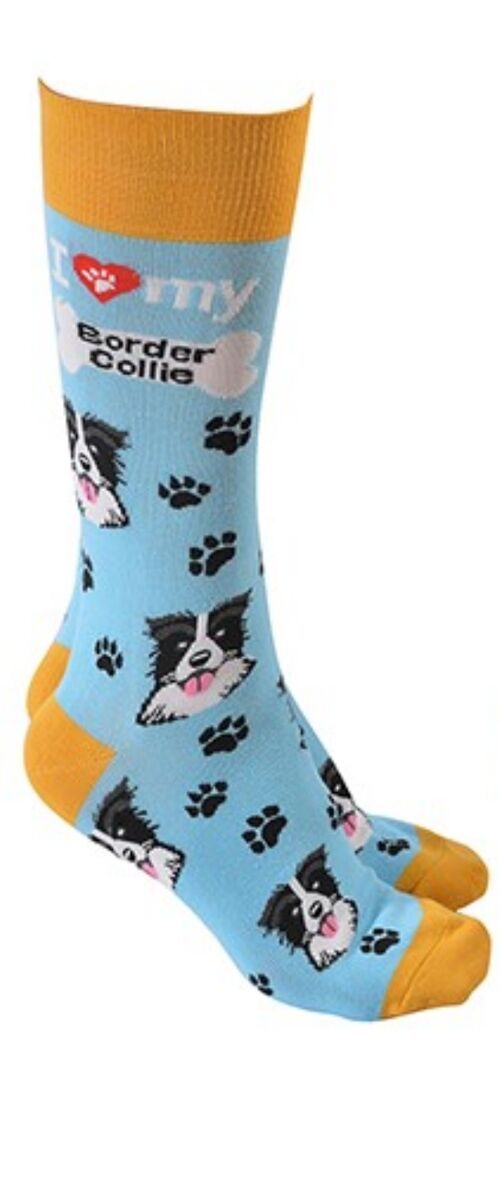 Sheepdog design socks with 'I love my Border Collie' text, quality Unisex One Size stocking filler - Blue