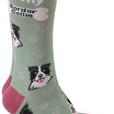 Sheepdog design socks with 'I love my Border Collie' text, quality Unisex One Size stocking filler - Sage Green