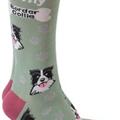 Calzini con design Sheepdog con scritta "I love my Border Collie", riempitivo per calze unisex taglia unica di qualità - Verde salvia