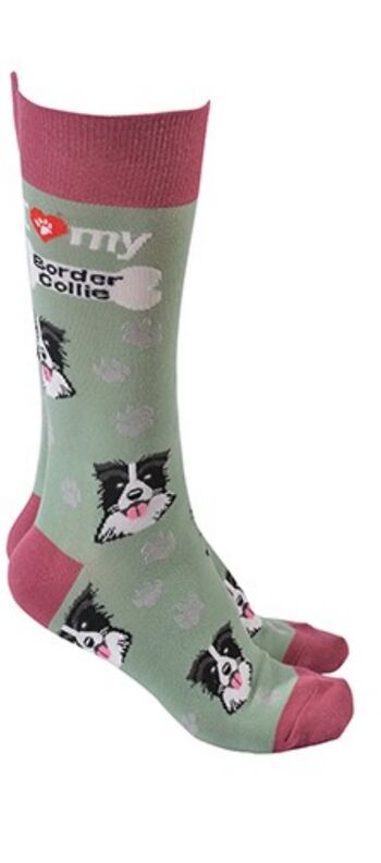 Chaussettes design chien de berger avec texte « I love my Border Collie », remplisseur de bas de qualité unisexe taille unique - vert sauge 1