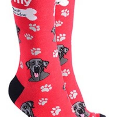 Schwarze Socken im Labrador-Design mit dem Text „I love my Black Labrador“, hochwertige Unisex-Strumpffüller in Einheitsgröße – Rot