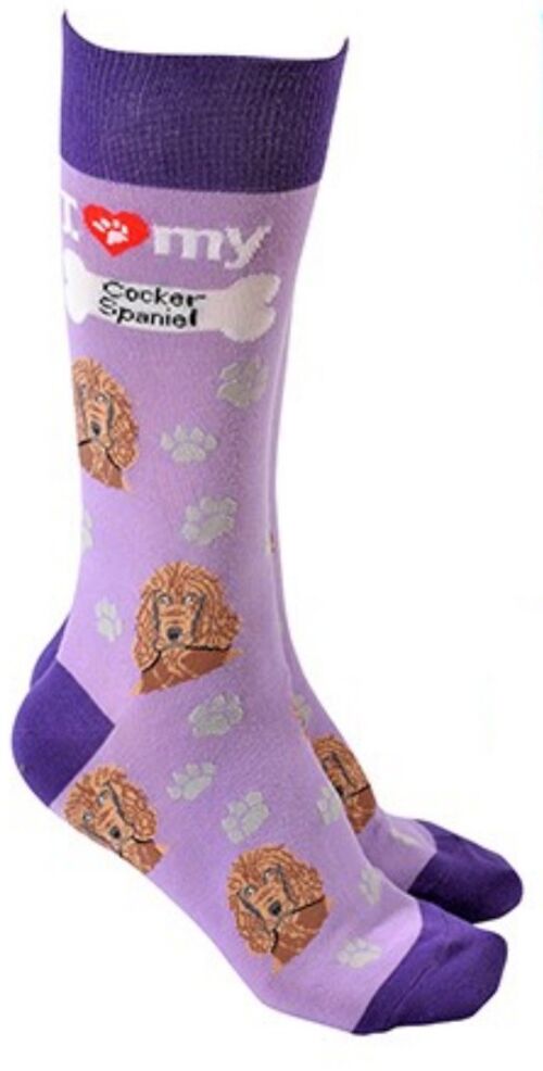 Cocker Spaniel design socks with 'I love my Cocker Spaniel' text, quality Unisex One Size stocking filler - Lilac
