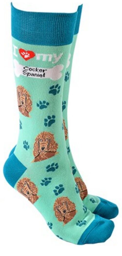 Cocker Spaniel design socks with 'I love my Cocker Spaniel' text, quality Unisex One Size stocking filler - Green