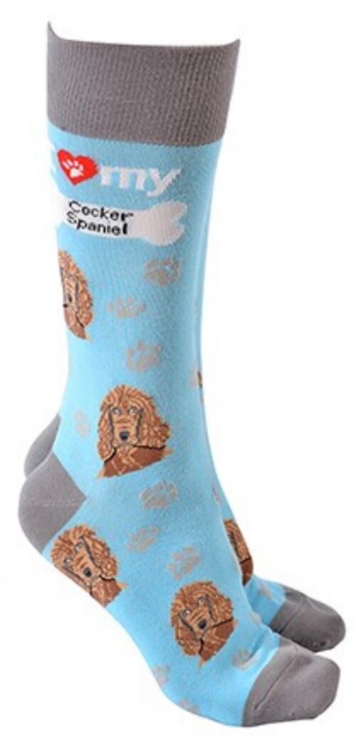 Cocker Spaniel design socks with 'I love my Cocker Spaniel' text, quality Unisex One Size stocking filler - Blue