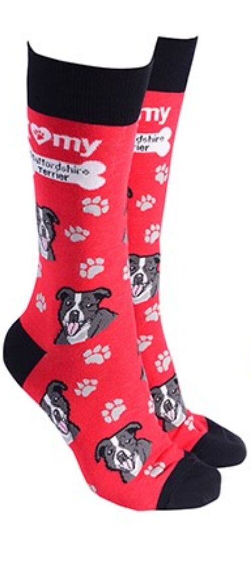 Staffordshire Bull Terrier design socks with 'I love my Staffordshire Terrier' text, quality Unisex One Size stocking filler - Red