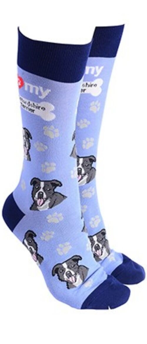 Staffordshire Bull Terrier design socks with 'I love my Staffordshire Terrier' text, quality Unisex One Size stocking filler - Lilac