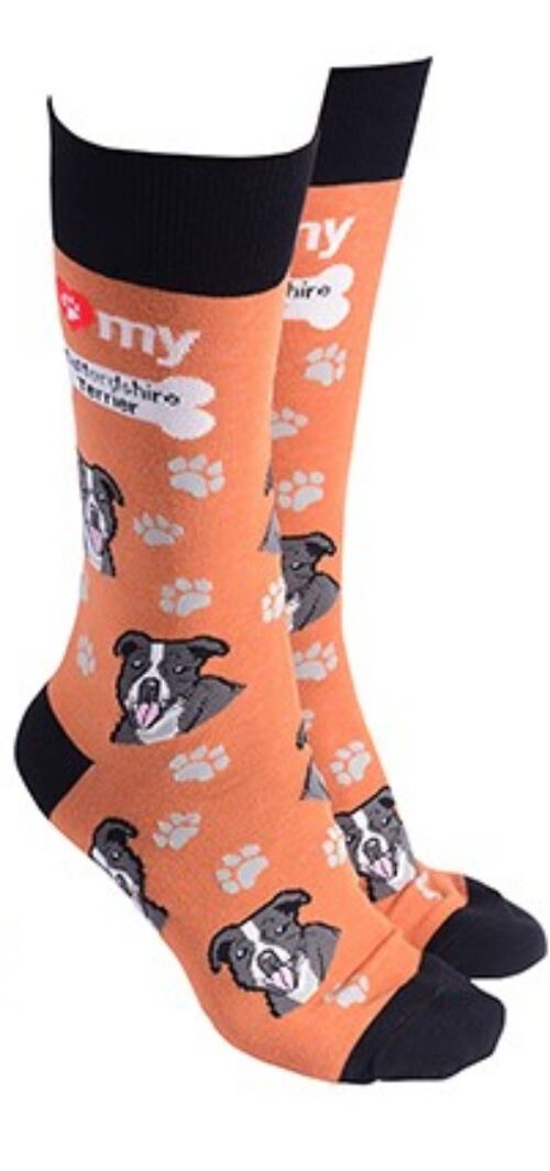 Staffordshire Bull Terrier design socks with 'I love my Staffordshire Terrier' text, quality Unisex One Size stocking filler - Orange