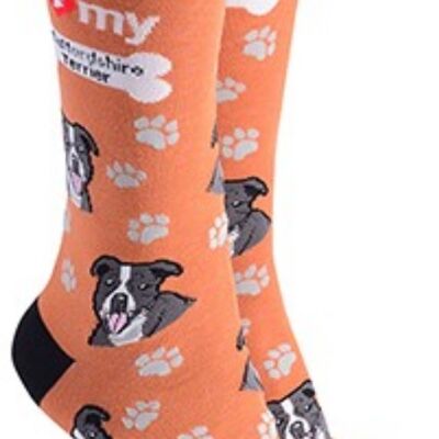 Socken im Staffordshire Bullterrier-Design mit dem Text „I love my Staffordshire Terrier“, hochwertige Unisex-Einheitsgröße, Strumpffüller – Orange