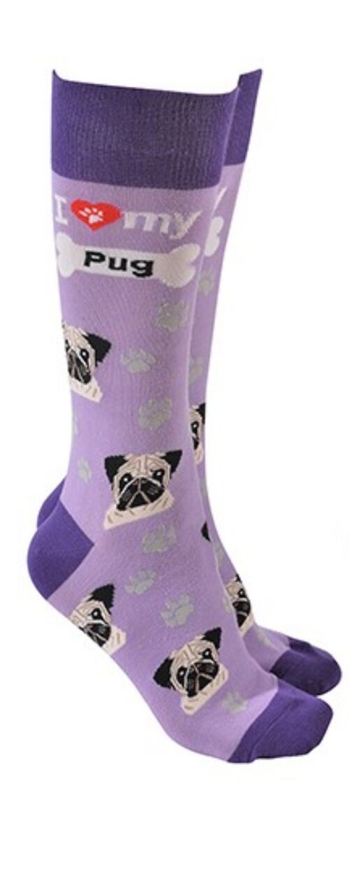 Pug design socks with 'I love my Pug' text, quality Unisex One Size stocking filler - Lilac