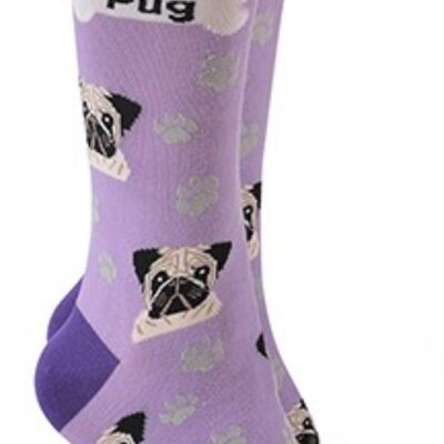 Calcetines diseño Pug con texto 'I love my Pug', relleno de media calidad Unisex Talla Única - Lila