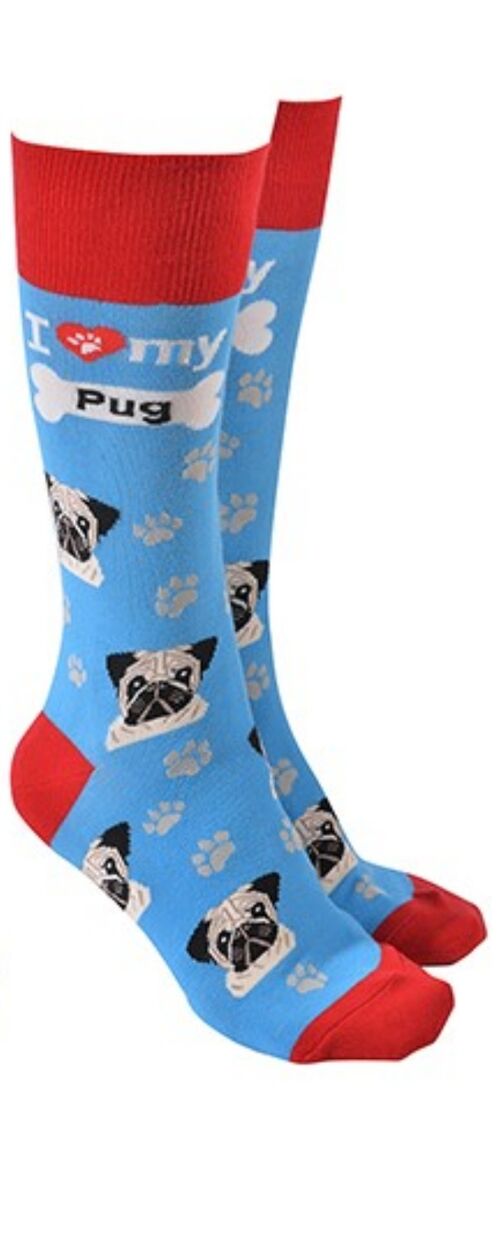 Pug design socks with 'I love my Pug' text, quality Unisex One Size stocking filler - Blue