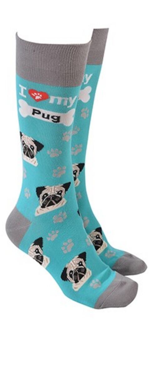 Pug design socks with 'I love my Pug' text, quality Unisex One Size stocking filler - Turquoise