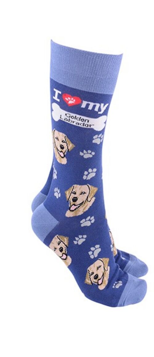 Golden Labrador design socks with 'I love my Golden Labrador' text, quality Unisex One Size stocking filler - Blue
