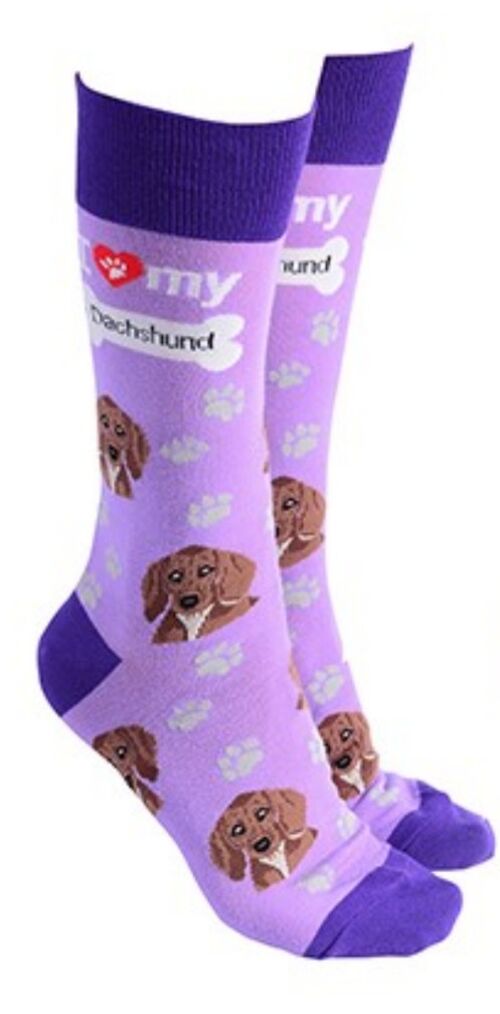 Dachshund design socks with 'I love my Dachshund' text, quality Unisex One Size stocking filler - Lilac