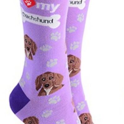 Socken im Dackel-Design mit dem Text „I love my Dachshund“, hochwertiger Unisex-Strumpffüller in Einheitsgröße – Lila