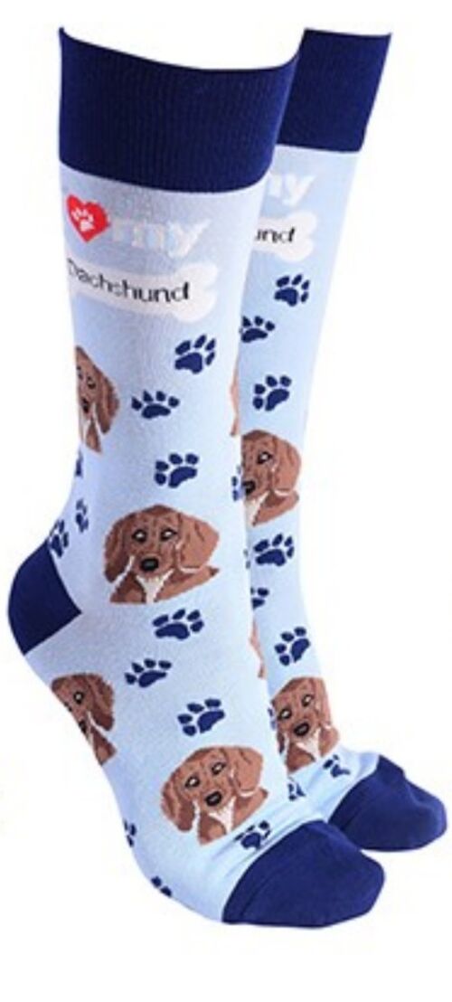 Dachshund design socks with 'I love my Dachshund' text, quality Unisex One Size stocking filler - Blue