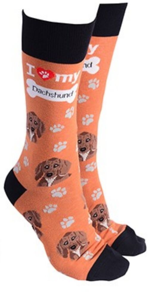 Dachshund design socks with 'I love my Dachshund' text, quality Unisex One Size stocking filler - Orange