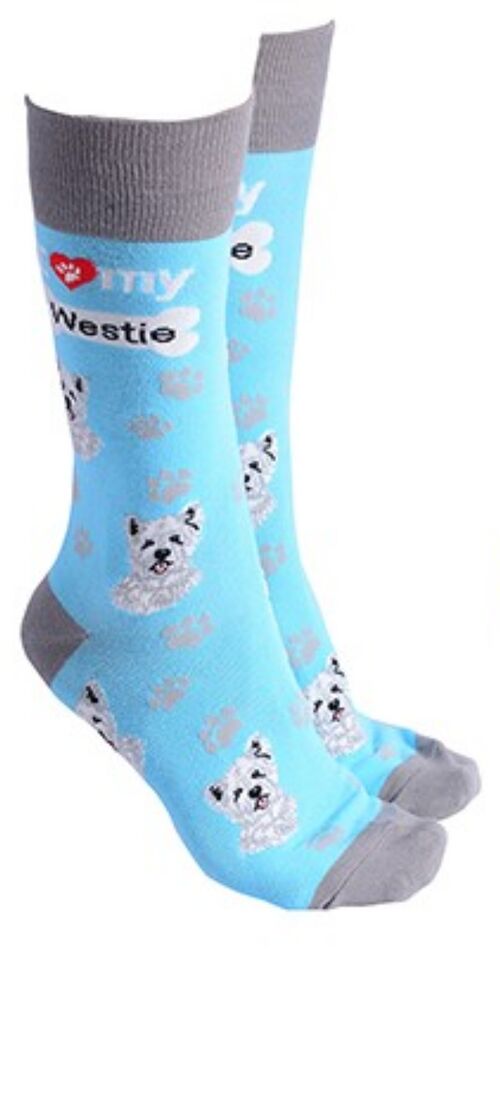 West Highland Terrier design socks with 'I love my Westie' text, quality Unisex One Size stocking filler - Sky Blue
