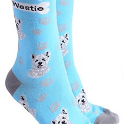Calzini di design West Highland Terrier con testo 'I love my Westie', riempitivo per calze unisex taglia unica di qualità - Sky Blue