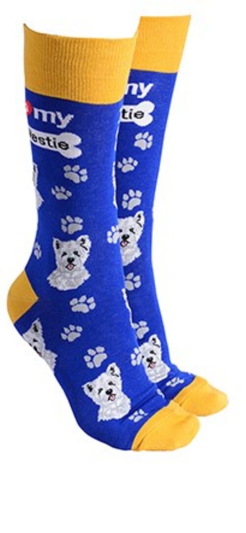 West Highland Terrier design socks with 'I love my Westie' text, quality Unisex One Size stocking filler - Royal Blue