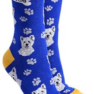 Calzini di design West Highland Terrier con testo 'I love my Westie', riempitivo per calze unisex taglia unica di qualità - blu reale
