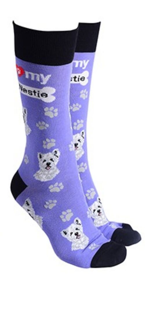 West Highland Terrier design socks with 'I love my Westie' text, quality Unisex One Size stocking filler - Lilac