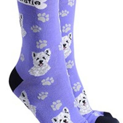 Calzini di design West Highland Terrier con testo 'I love my Westie', riempitivo per calze unisex taglia unica di qualità - lilla