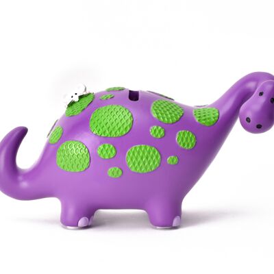 Tirelire dinosaure 'That's not my' gamme violet vif avec bordure verte 'touchy feely'