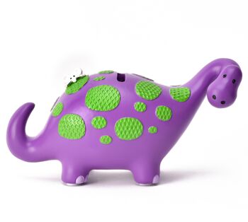 Tirelire dinosaure 'That's not my' gamme violet vif avec bordure verte 'touchy feely'