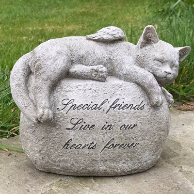 Large Cat with angel wings laying on a stone, lovely memorial, grave marker or pet loss gift